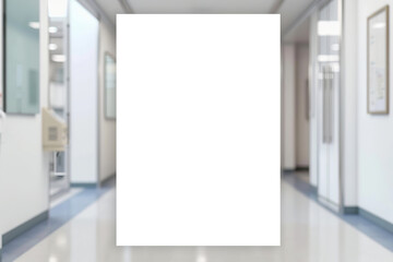 Mock-Up promotion poster displayed on the front of bright blur medical clinic, hospital interior background with defocused effect. Blank A4 white paper on abstract defocused luxury office corridor. Ad