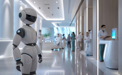 A futuristic medical facility with white interiors, humanoid robots, and medical staff interacting in a bright, clean environment.