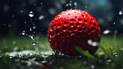close-up of a red golf ball with water droplets