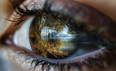 Close-up of an eye reflecting nature, merging the organic detail of the eye with the urban environment.