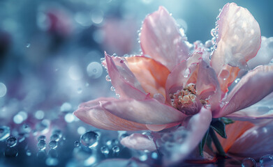 Close-up of a flower with vibrant petals and dewdrops, emphasizing the intricate details and colors.
