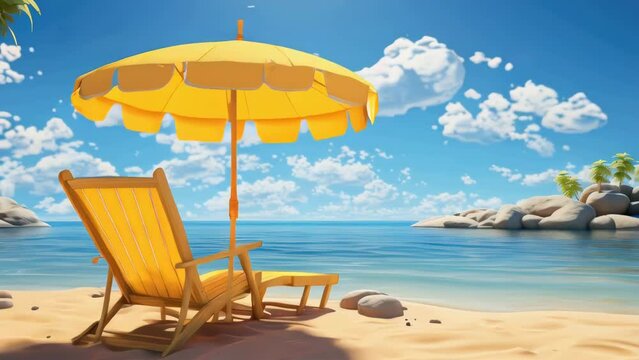 A person sitting on a beach with a chair and umbrella, enjoying the sunny day. - Powered by Adobe