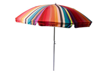 Colorful striped beach umbrella isolated on white background. Ideal for summer, beach, vacation, and outdoor relaxation themes.