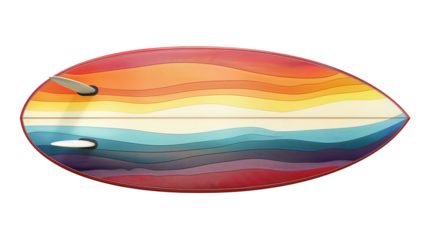 Colorful surfboard with a vibrant wavy design featuring shades of orange, yellow, red, blue, and purple, ideal for surfing enthusiasts.