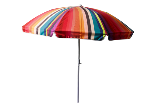 Colorful striped beach umbrella isolated on white background. Ideal for summer, beach, vacation, and outdoor relaxation themes.