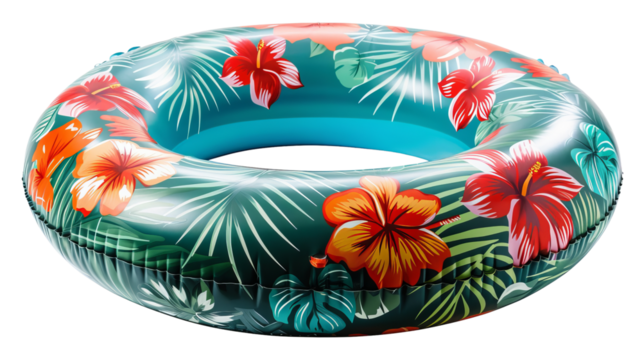 Colorful inflatable swim ring with a vibrant tropical floral pattern, perfect for summer pool or beach fun.