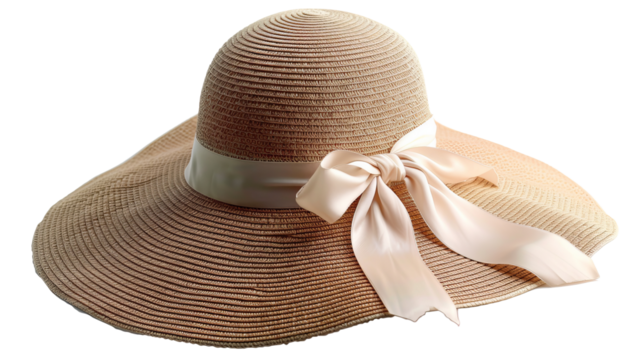 Elegant beige sun hat with wide brim and satin ribbon bow, perfect for sunny days and stylish summer outings.