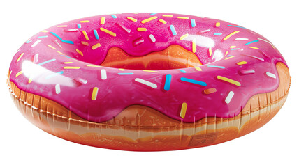 Inflatable pool float shaped like a pink frosted donut with colorful sprinkles. Perfect for pool parties and summer fun.