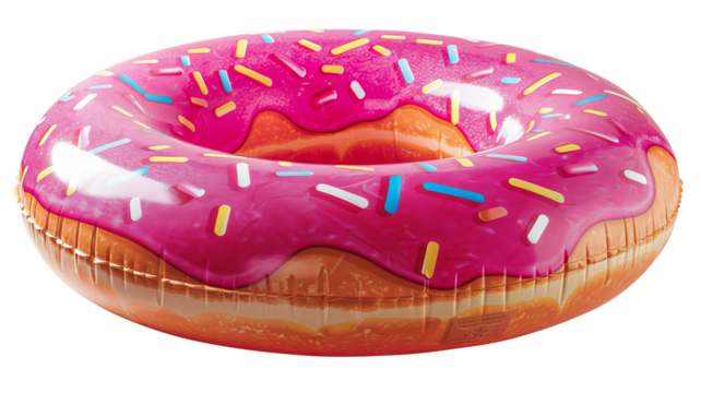 Inflatable pool float shaped like a pink frosted donut with colorful sprinkles. Perfect for pool parties and summer fun.