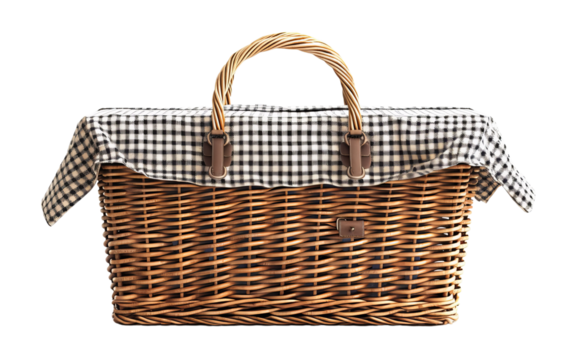 Wicker picnic basket with checkered cloth cover and handles isolated on white background. Ideal for outdoor gatherings and picnics.