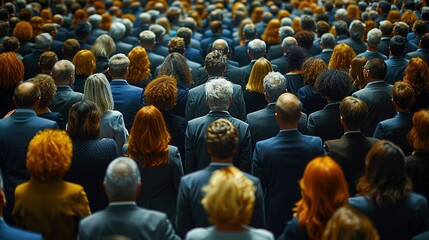 Obraz premium Large crowd of professionals, all facing forward image. Businesspeople dressed in formal business attire photography scene wallpaper. Corporate diversity concept photorealistic photo