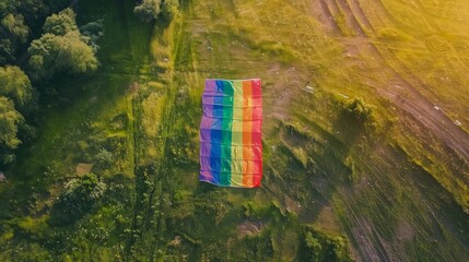 Drone aerial view of massive Pride flag in field celebration