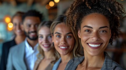 Group of five smiling professionals standing in line image. Focus on cheerful hispanic woman with...