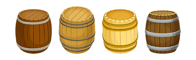 Wooden Barrel or Cask for Brewing Alcohol Vector Set