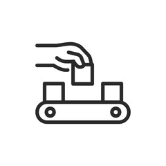 Hand placing object on conveyor belt, linear style icon. Manual labor in factory. Sorting. Editable stroke width