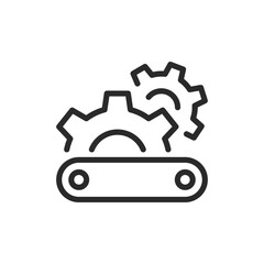 Conveyor belt with gears, linear style icon. Conveyor belt with gears, manufacturing or production line. Editable stroke width.