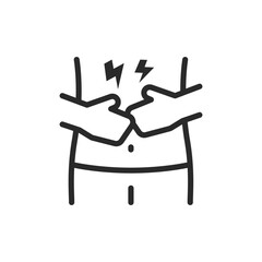 Stomach pain, linear style icon. Person holding stomach, sharp pain. Symptoms include cramps and nausea. Editable stroke width