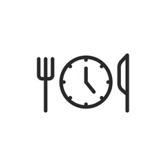 Fork, knife, and clock, linear style icon. meal time, dining schedule, or food timing. Editable stroke width.