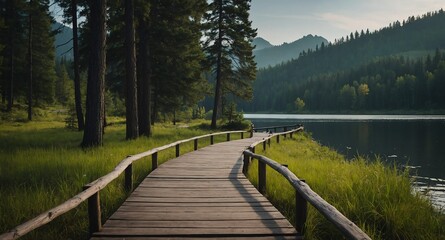 Naklejka premium path near lake landscape banner copyspace background