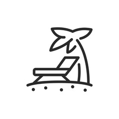 Beach lounger and palm tree on sand, linear style icon. Vacation, summer holiday on the shore. relaxation and leisure. Editable stroke width