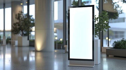 Blank digital signage display stand in a modern office lobby.