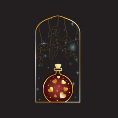Magic love potion bottle with golden hearts