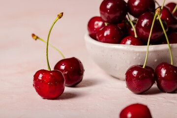 Fresh handpicked cherries on the table