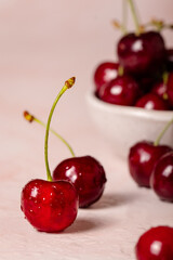 Fresh handpicked cherries on the table