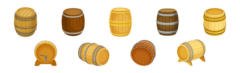 Wooden Barrel or Cask for Brewing Alcohol Vector Set