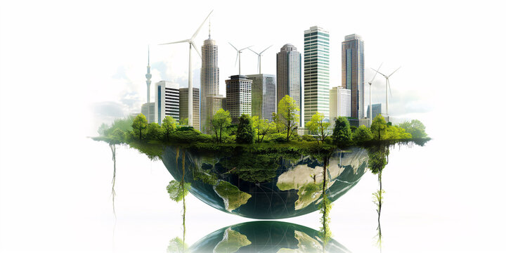 A digital rendering of a futuristic city situated on a floating island. The city features modern skyscrapers and a lush green environment, symbolizing advanced technology and ecological balance.