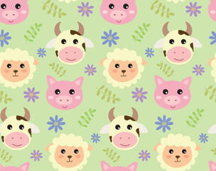 Seamless pattern with cute face domestic animals. Vector colorful background with cartoon characters, flowers and leaves.	