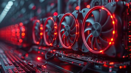 gaming pc or crypto mining rig with fast high fps graphics card or board setup as wide banner commercial with copyspace.stock illustration