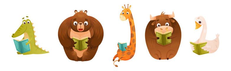 Cute Animal Character Reading Book Enjoying Interesting Story Vector Set