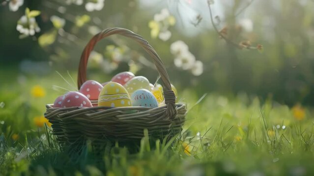 A colorful Easter egg basket sits atop a lush green field, perfect for a spring or Easter-themed image.