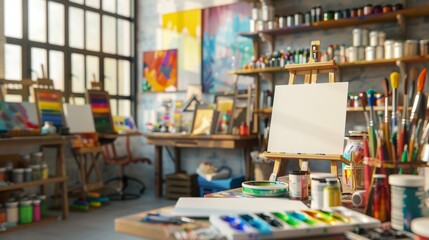 Obraz premium Colorful Art Supplies Store Business Cards and Paints Galore for Creative Inspiration