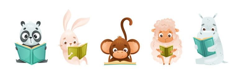 Cute Animal Character Reading Book Enjoying Interesting Story Vector Set