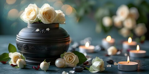 Black cremation urn with white roses and burning candles for a memorial. Concept Remembrance, Memorial Decor, Cremation Urn Ideas, Sympathy Gifts, Candlelight Tribute