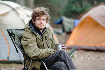 Obraz premium Happy young man drinking tea or coffee at touristic tent camp sitting at chair. Picnic in a pine forest. Tourism, recreation, hiking and travel concept. Adventure lifestyle of guy. Camping in nature