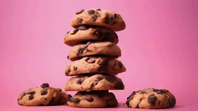 Stack of chocolate chip cookies on a pink background.