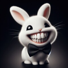 funny big teeth smiling white rabbit with a black bow tie on his neck Isolated