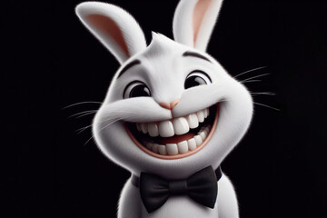 funny big teeth smiling white rabbit with a black bow tie on his neck Isolated