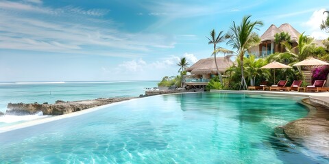 Naklejka premium Luxury tropical resort with ocean view swimming pools palm trees and huts. Concept Tropical Paradise, Ocean View Pools, Luxury Resort, Palm Tree Paradise, Beachfront Huts