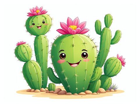 a smiling cute cactus cartoon clipart on plain white background