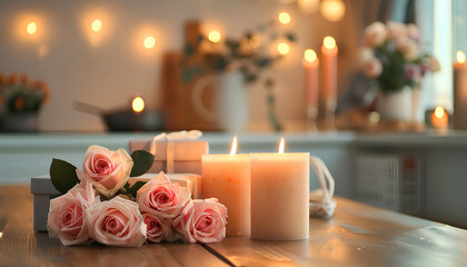 Burning candles, gift boxes and bouquet of roses on wooden table