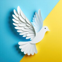 Obraz premium White paper dove bird flies on a blue and yellow background