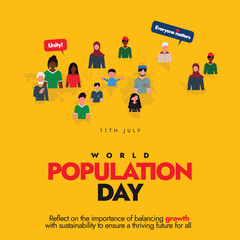 World Population Day. 11th July World Population day celebration banner with people of different age, religion, ethnic, silhouette world map on dark yellow background. 