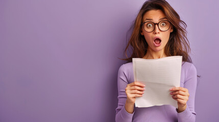 woman reading a paper with a shocked face