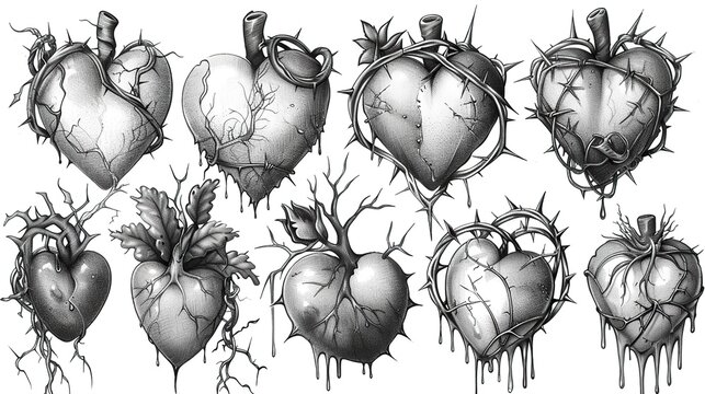isolated set of yk hearts burning from chains barbed wire cracks thorny bushes hearts in different styles old tattoo style yk acid.stock image