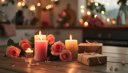 Burning candles, gift boxes and bouquet of roses on wooden table