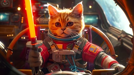 A cute cat in a space suit, holding a glowing sword, floating in a spaceship cockpit
